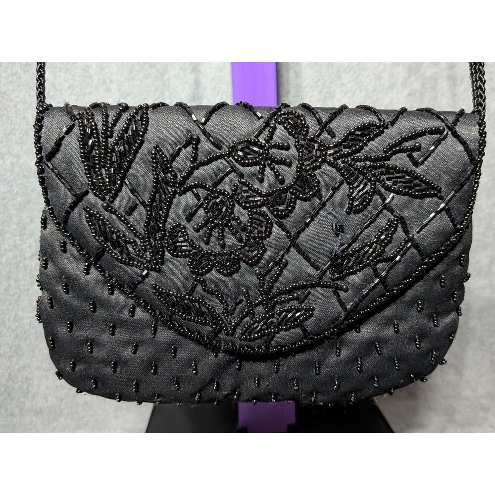 LA REGALIA Beaded Shoulder Bag Women Black Floral Evening Purse Embroidered READ